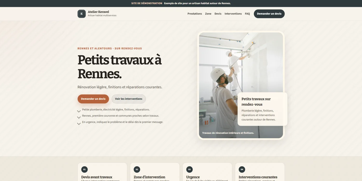 Aperçu de la démo fictive Atelier Keravel, artisan habitat avec demande de devis