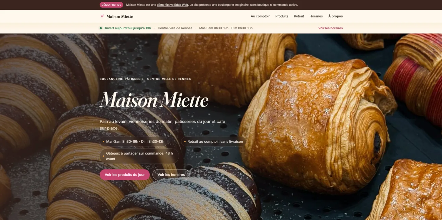 Aperçu de la démo fictive Maison Miette, boulangerie avec grand visuel de viennoiseries